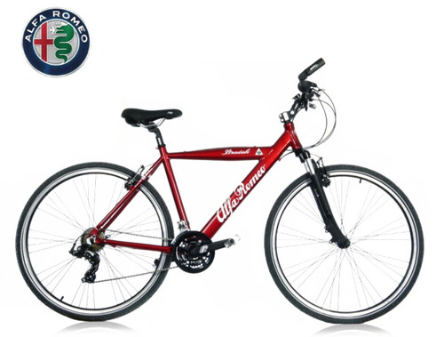 ALFA ROMEO Stradale Adult Bicycle
 Tig welded alloy frame
 Light alloy suspension
 Sport 700 x 35 tyres
 Adjustable alloy handle bar with bar ends
 Alloy triple crank-set with external chain guard
 Alloy V brakes front and rear
 Shimano Revoshift gear selectors
 Shimano gears
 Colour; Alfa Red
 Accessories included: Kick stand, reflectors, bell ALFA ROMEO Stradale Adult Bicycle
 Tig welded alloy frame
 Light alloy suspension
 Sport 700 x 35 tyres
 Adjustable alloy handle bar with bar ends
 Alloy triple crank-set with external chain guard
 Alloy V brakes front and rear
 Shimano Revoshift gear selectors
 Shimano gears
 Colour; Alfa Red
 Accessories included: Kick stand, reflectors, bell