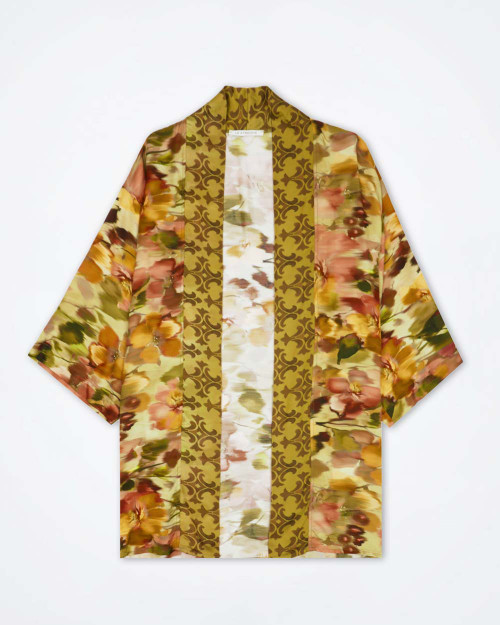 LE STREGHE women’s printed satin-jacquard shirt in green tones, loose fit, elbow-length sleeves, open front