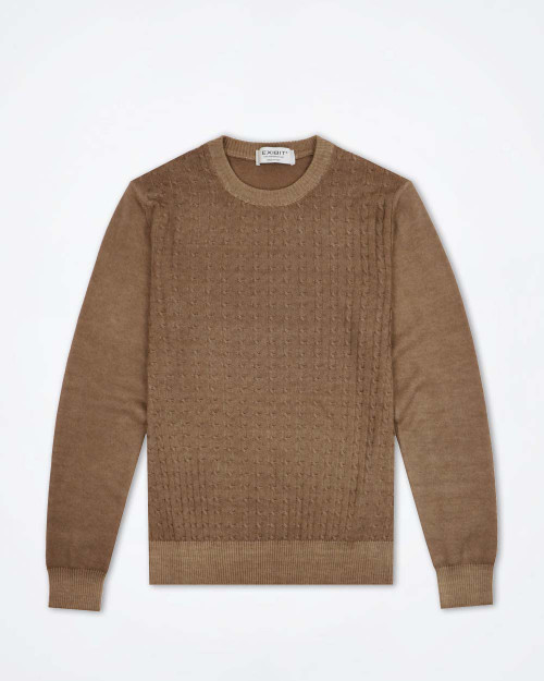 Men's light brown wool crew neck sweater by Exibit