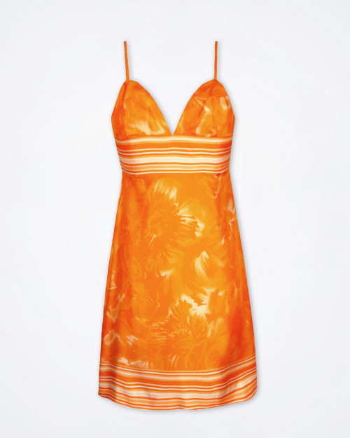 Front view of the Laltramoda orange silk midi dress featuring a sleeveless bodice, V-neckline and soft draping, displayed against a clean light background.