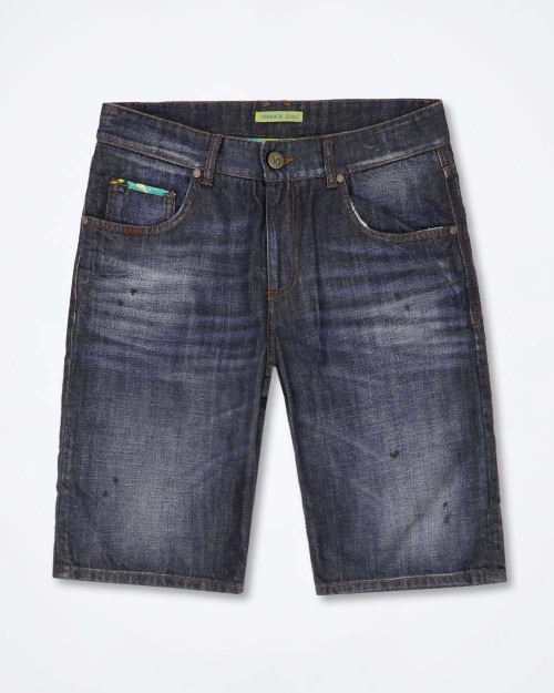 Men’s blue Versace Jeans jean-style shorts with straight-leg fit, button and zip closure, belt loops, made from comfortable stretch cotton fabric — casual and versatile style.
