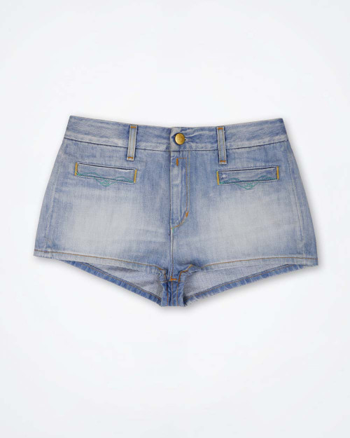 Italian‑made REPLAY women’s faded denim shorts in blue with front and back pockets, belt loops and light washed cotton fabric.