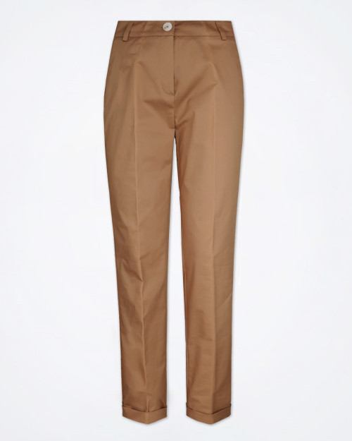 Front view of Nenette women's stretch-cotton straight-leg pants in camel brown. Features include side slash pockets, belt loops, and a folded cuff at the ankle.