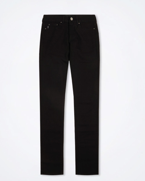 Front view of Just Cavalli women's straight leg jeans in black denim, featuring a classic 5-pocket design.