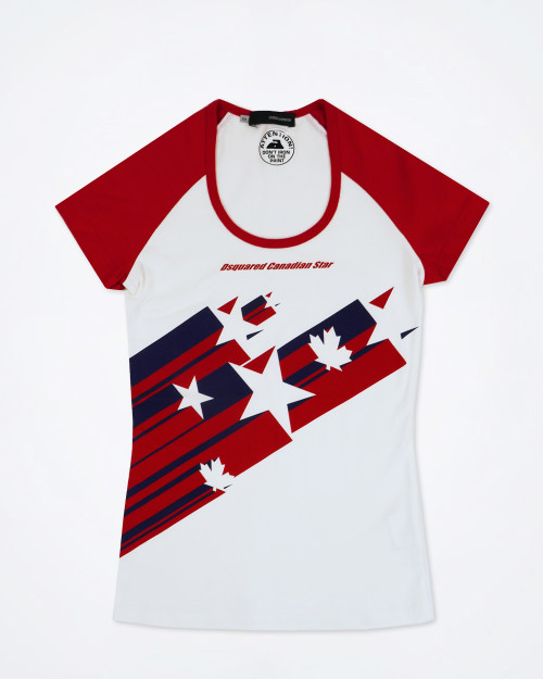 Front view of Dsquared2 women's slim fit top featuring a print on the front and a crew neckline.