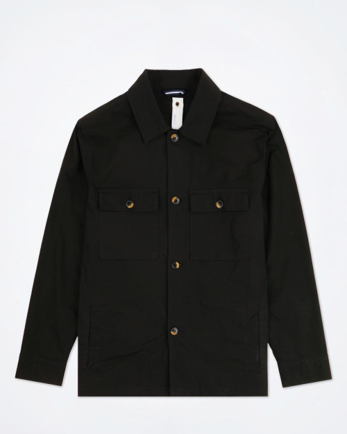 Front view of the Imperial black cotton chore jacket for men, featuring a classic point collar, button-up front, and large patch pockets.