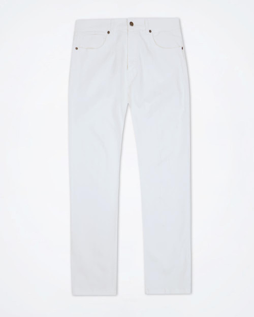 Front view of Marselo men's straight-leg jeans in crisp white denim featuring a classic five-pocket design and silver hardware.