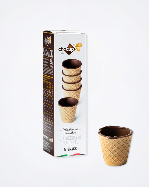 Chocup Mini 30ml edible wafer cup with a dark chocolate lining, designed for espresso coffee and small desserts.