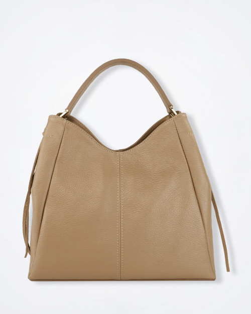Italian‑made tan leather handbag with gold metal fittings and clean, minimalist silhouette.
