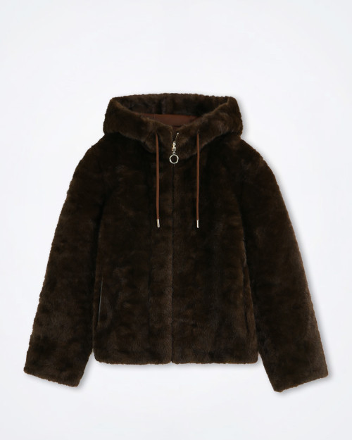 Sandro Ferrone brown faux fur hooded jacket worn fur-side out, full length front view