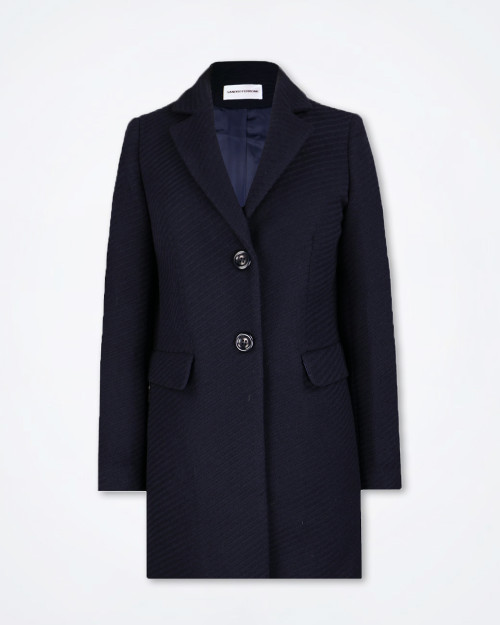 Front view of the Sandro Ferrone navy blue single‑breasted coat, highlighting the button closure, front pockets, and slim knee‑length cut.