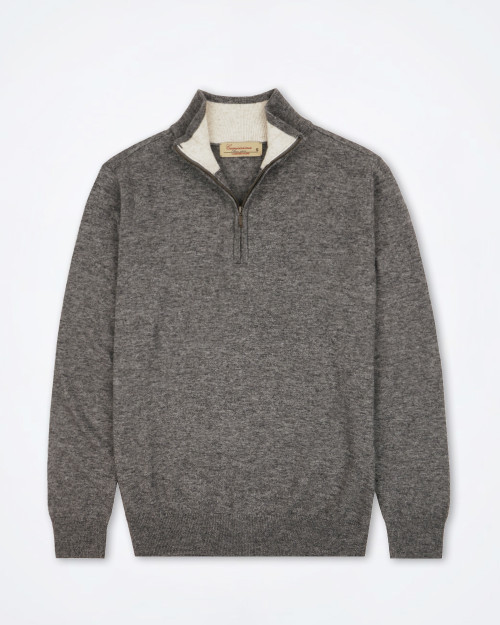 Front view of the Camicissima grey half‑zip knit, highlighting the clean slim fit, ribbed trims, and brass zip.