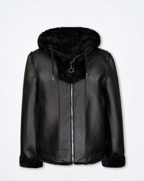SANDRO FERRONE Black Faux Fur Hooded Jacket