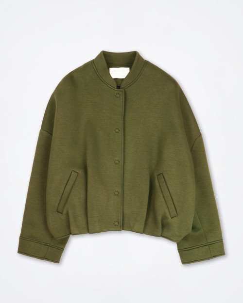 KAOS olive green cropped jacket laid flat on white background featuring round neckline, covered button closure, and slanted welt pockets.