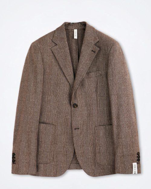 Marselo brown herringbone blazer laid flat on white background showing notched lapel, patch pockets, and single‑button closure.
