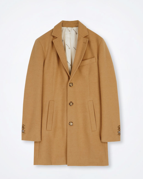 Camel‑colored wool‑blend men’s overcoat laid flat on a white background, showing notched lapel, three buttons, and slit pockets.