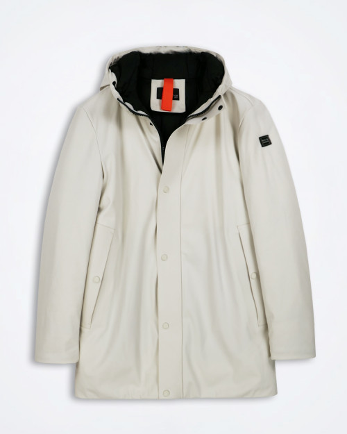 Block 11 men’s light beige hooded parka front view with relaxed fit