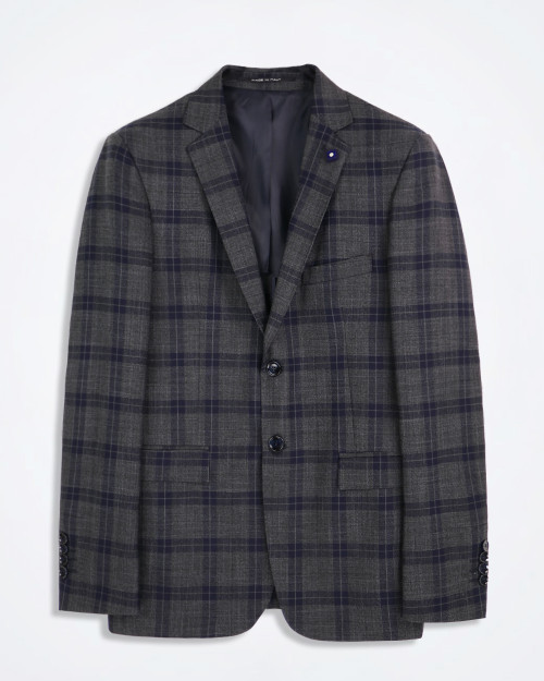 Exibit men’s dark grey checked blazer front view with tailored fit