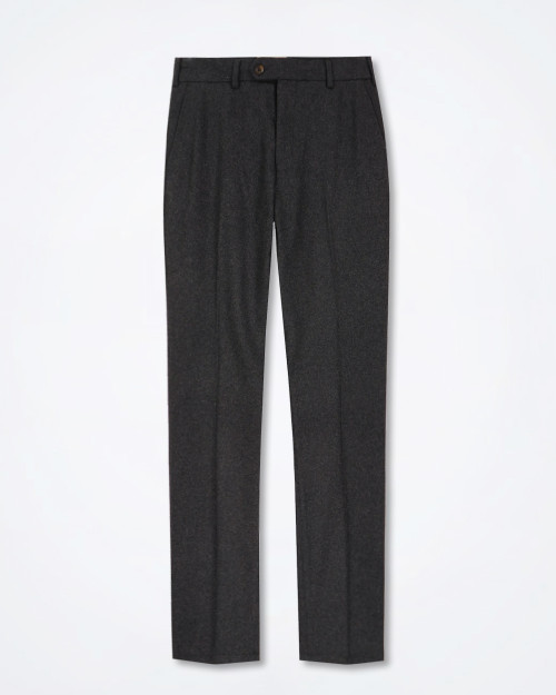 Front view of Camicissima wool‑blend grey flannel trouser showing the clean, straight leg and soft brushed texture.