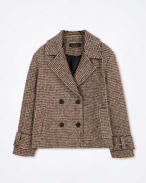Front view of the Icona by Kaos double‑breasted houndstooth coat showing cropped silhouette, wide lapels, and four dark buttons on a brown‑and‑beige textured weave.