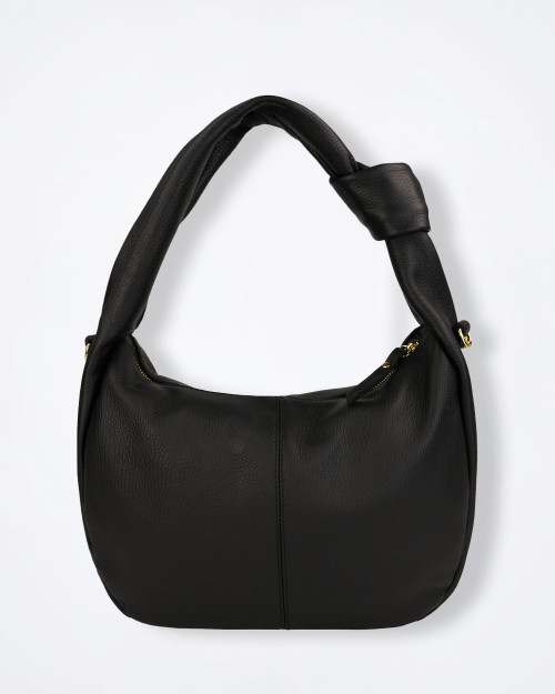 Black textured leather tote bag with a structured silhouette, photographed against a clean studio background.