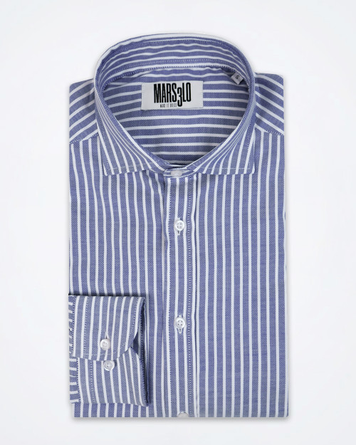 Front view of the Marselo blue striped cotton shirt displayed on a mannequin, showing the vertical stripe pattern and button‑front closure.