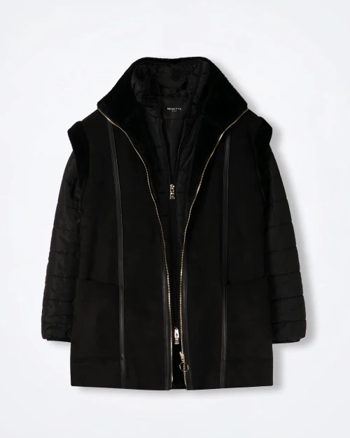 Front view of the Nenette eco‑friendly black parka showing the hood, front closure, and clean silhouette.