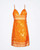Front view of the Laltramoda orange silk midi dress featuring a sleeveless bodice, V-neckline and soft draping, displayed against a clean light background.