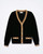 Black two‑tone cardigan by Sandro Ferrone featuring gold lurex trim and front buttons.