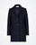 Front view of the Sandro Ferrone navy blue single‑breasted coat, highlighting the button closure, front pockets, and slim knee‑length cut.