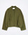 KAOS olive green cropped jacket laid flat on white background featuring round neckline, covered button closure, and slanted welt pockets.