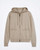 Beige cashmere‑blend zip‑up hoodie with drawstring hood, ribbed cuffs and hem, and front patch pockets displayed flat on a white background.