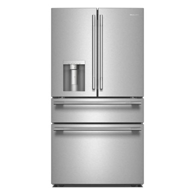 Kitchenaid® Réfrigérateur à portes françaises avec distributeur d’eau et de glaçons extérieur et tiroir réfrigéré pleine largeur FreshChill™ - 29 pi cu KRMF436SPS