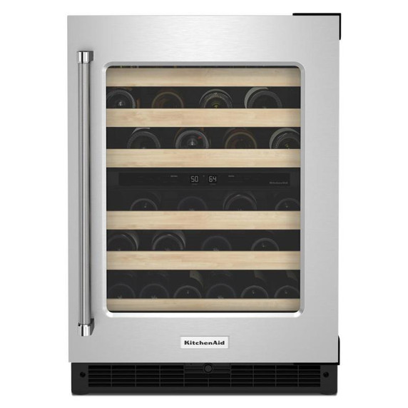 Kitchenaid® Cellier sous le comptoir avec porte en verre et porte-bouteilles à devant en bois - 24 po KUWR214KSB