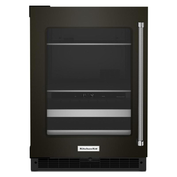 Kitchenaid® Centre de rafraîchissements avec porte en verre et porte-bouteilles à devant en métal et fini PrintShield™ - 24 po KUBL314KBS