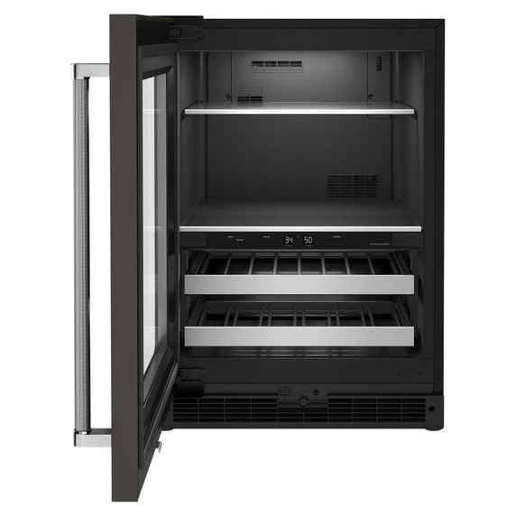 Kitchenaid® Centre de rafraîchissements avec porte en verre et porte-bouteilles à devant en métal et fini PrintShield™ - 24 po KUBL314KBS
