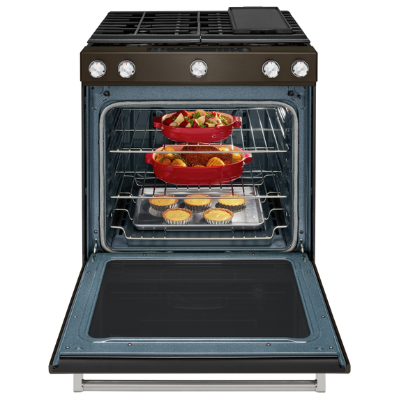 Cuisinière au gaz à commandes frontales à convection avec 5 brûleurs - 30 po KitchenAid® KSGG700EBS