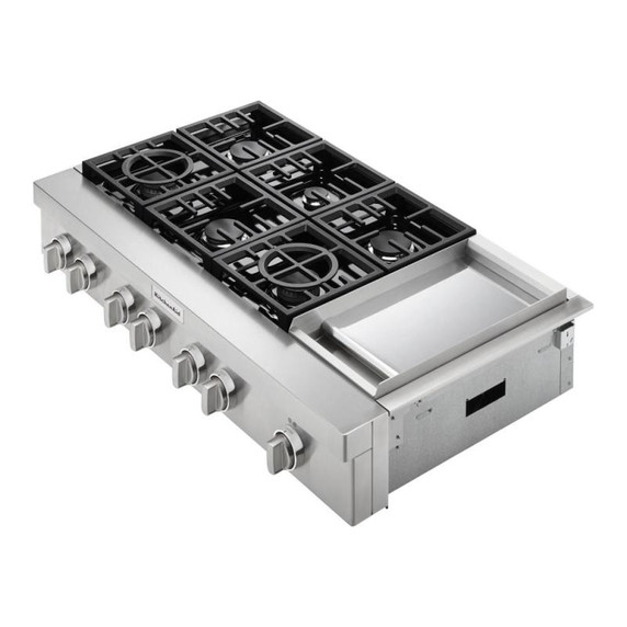 Kitchenaid® Table de cuisson commerciale au gaz avec 6 brûleurs et plaque chauffante - 48 po KCGC558JSS