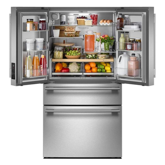 Kitchenaid® Réfrigérateur à portes françaises avec distributeur d’eau et de glaçons intérieur et tiroir réfrigéré pleine largeur FreshChill™ - 30 pi cu KRMF336SPS