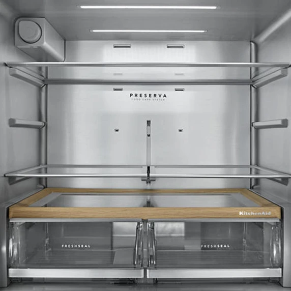 Kitchenaid® Réfrigérateur à portes françaises avec distributeur d’eau et de glaçons extérieur et tiroir réfrigéré pleine largeur FreshChill™ - 29 pi cu KRMF436SJP