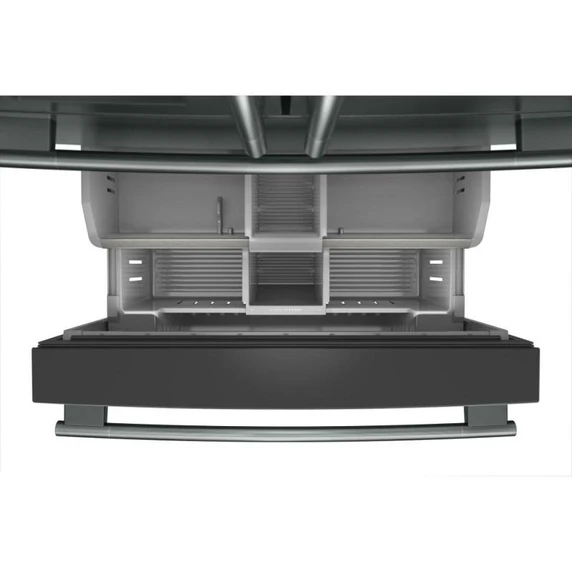 Kitchenaid® Réfrigérateur à portes françaises avec distributeur d’eau et de glaçons extérieur et tiroir réfrigéré pleine largeur FreshChill™ - 29 pi cu KRMF436SJP