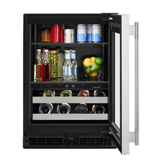 Kitchenaid® Centre de rafraîchissements avec porte en verre et porte-bouteilles à devant en métal - 24 po KUBR524SSB