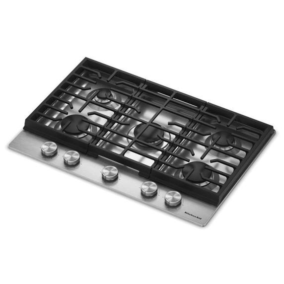 Kitchenaid® Table de cuisson au gaz à surface en métal avec 5 brûleurs polyvalents et des grilles en fonte continues KCGK330SSS