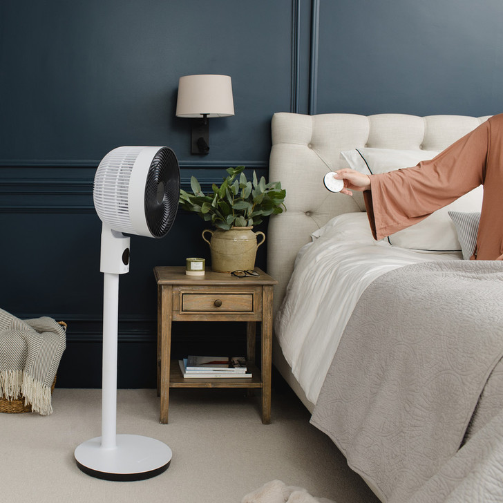 MeacoFan Sefte 10" Cooling Pedestal Fan, in bedroom with remote control