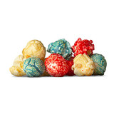 A mix of white vanilla, red cherry, and blue raspberry popcorn.