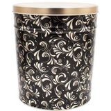 Black 6.5 gallon tin with gold filigree and lid.