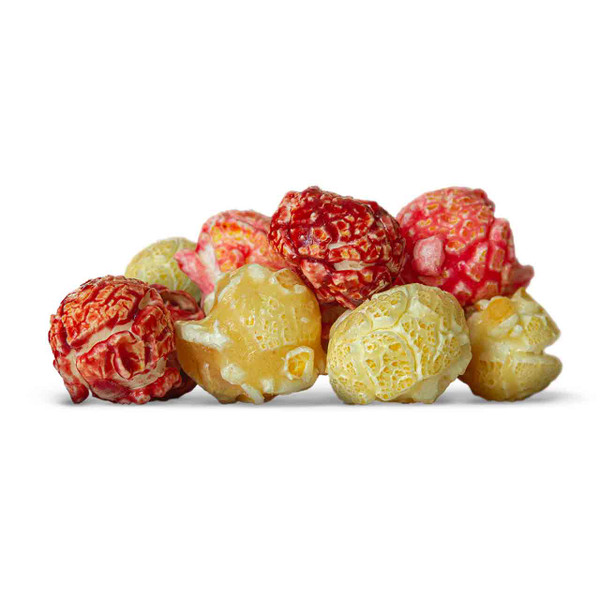 A mix of pink strawberry, red raspberry, and white vanilla popcorn.