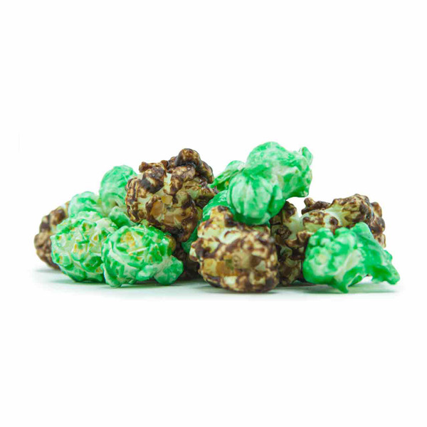 A mix of green mint and chocolate popcorn.