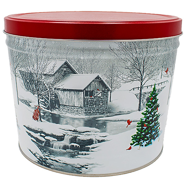 Snow Covered Mill 2-gallon popcorn tin.