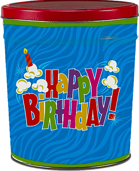 Birthday Pop! 3.5-galon popcorn tin.